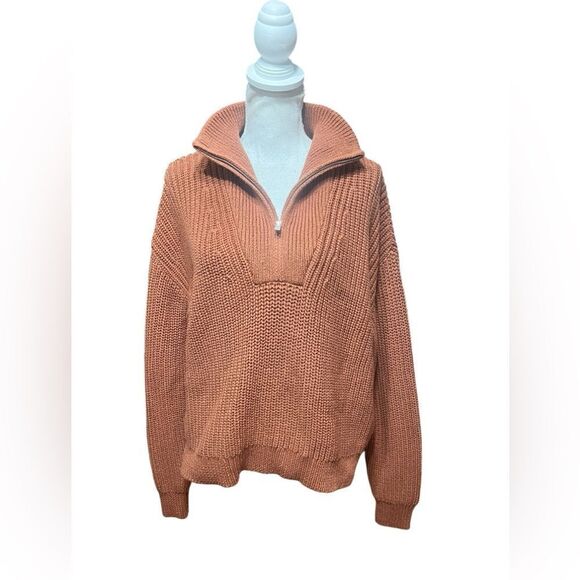 Theory Half-Zip Sweater in Rib Knit Cotton in Terracotta Size Medium - Picture 2 of 7